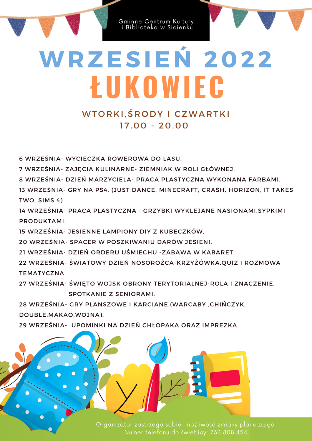 Plan pracy wrzesień 2022- świetlica wiejska w Łukowiec.