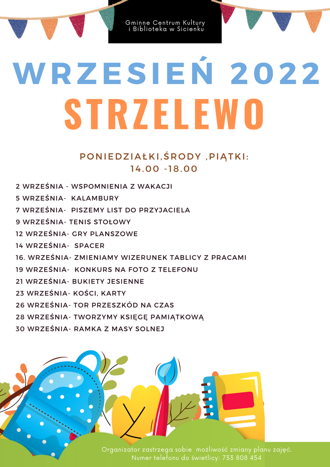 Plan pracy wrzesień 2022- świetlica wiejska w Strzelewie.