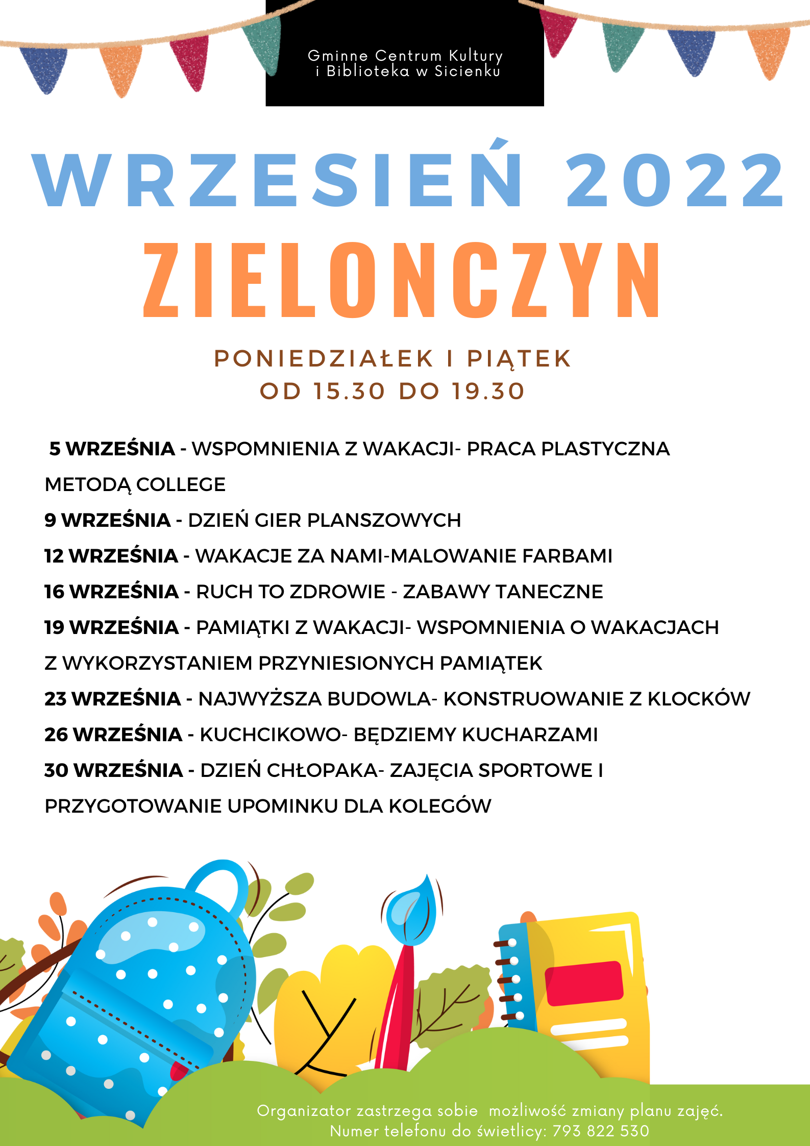 Plan pracy wrzesień 2022- świetlica wiejska w Zielonczyn.