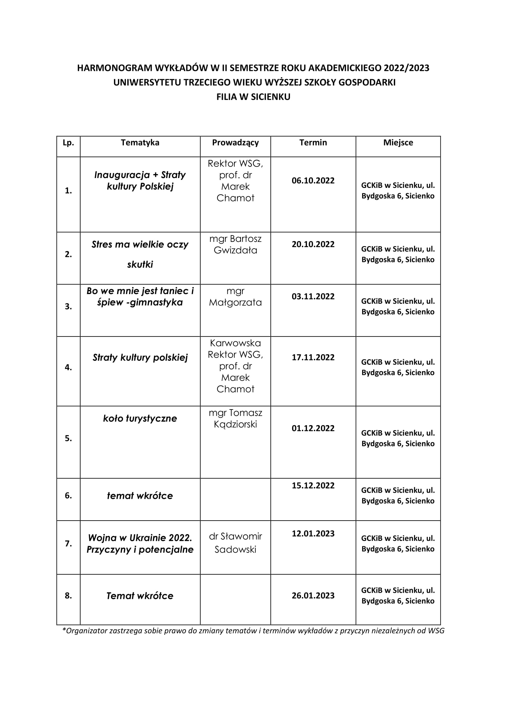Plan zajęć UTW 2022/2023
