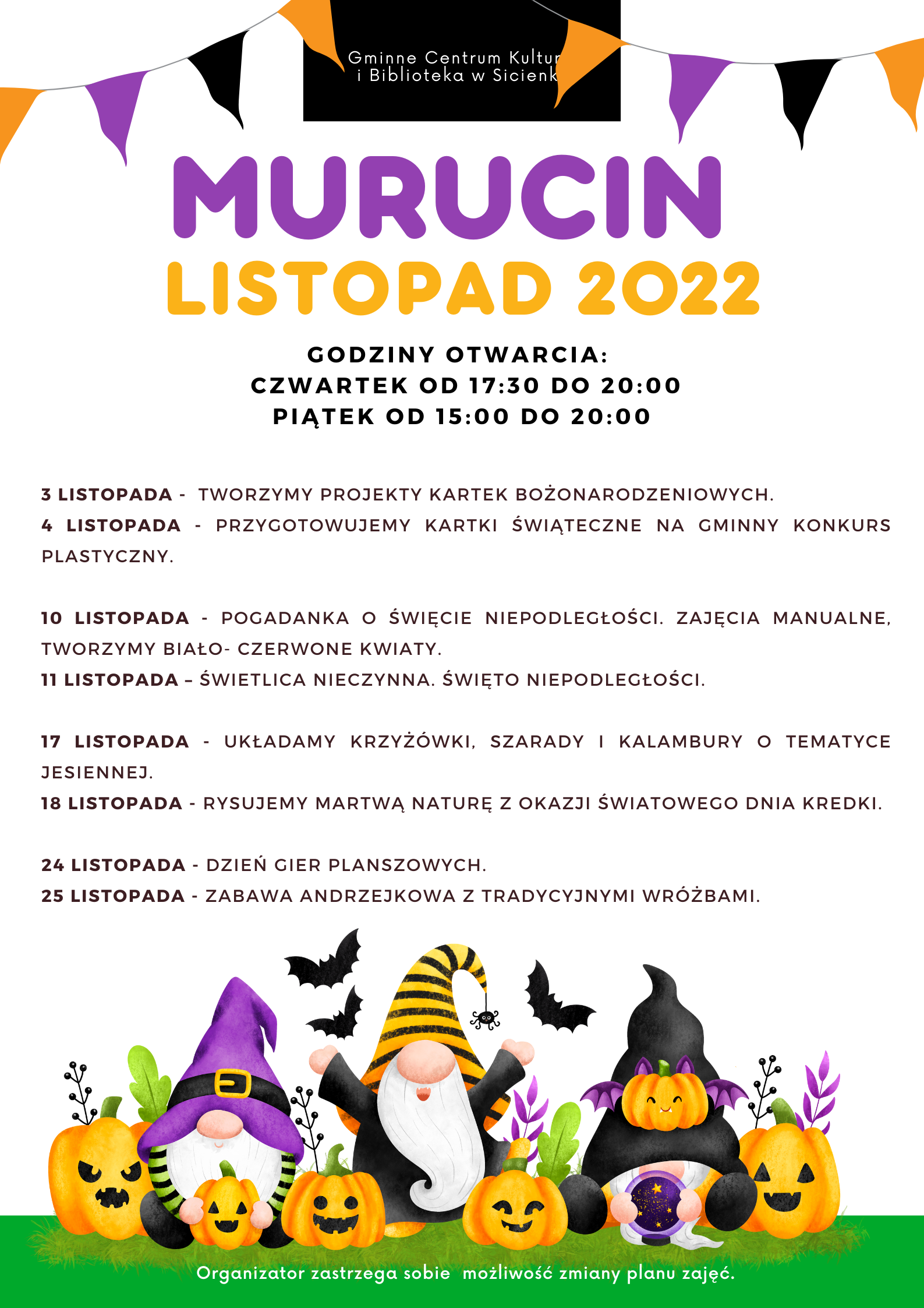Plan pracy listopad 2022- świetlica wiejska w Murucinie.