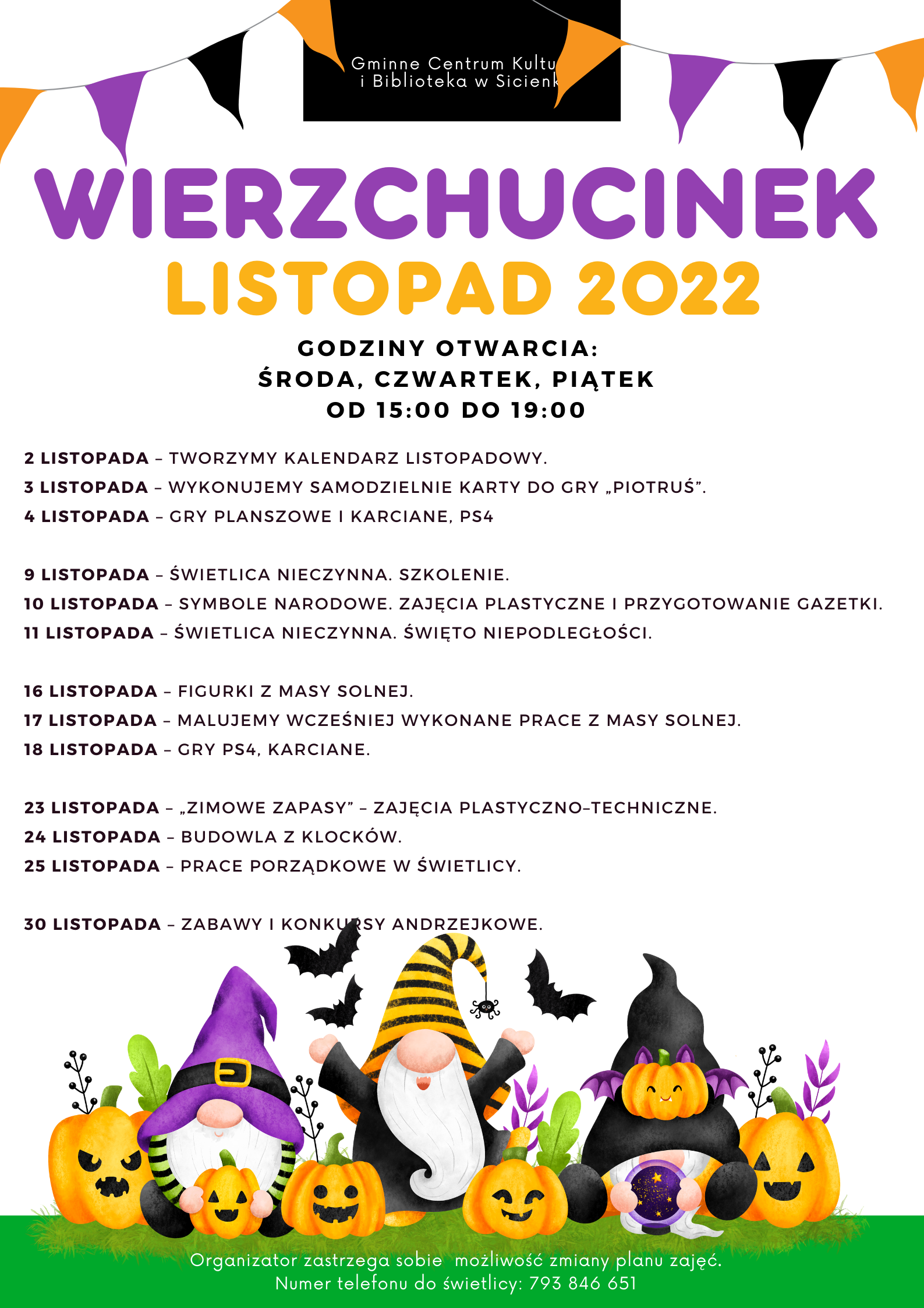 Plan pracy listopad 2022- świetlica wiejska w Wierzchucinku.