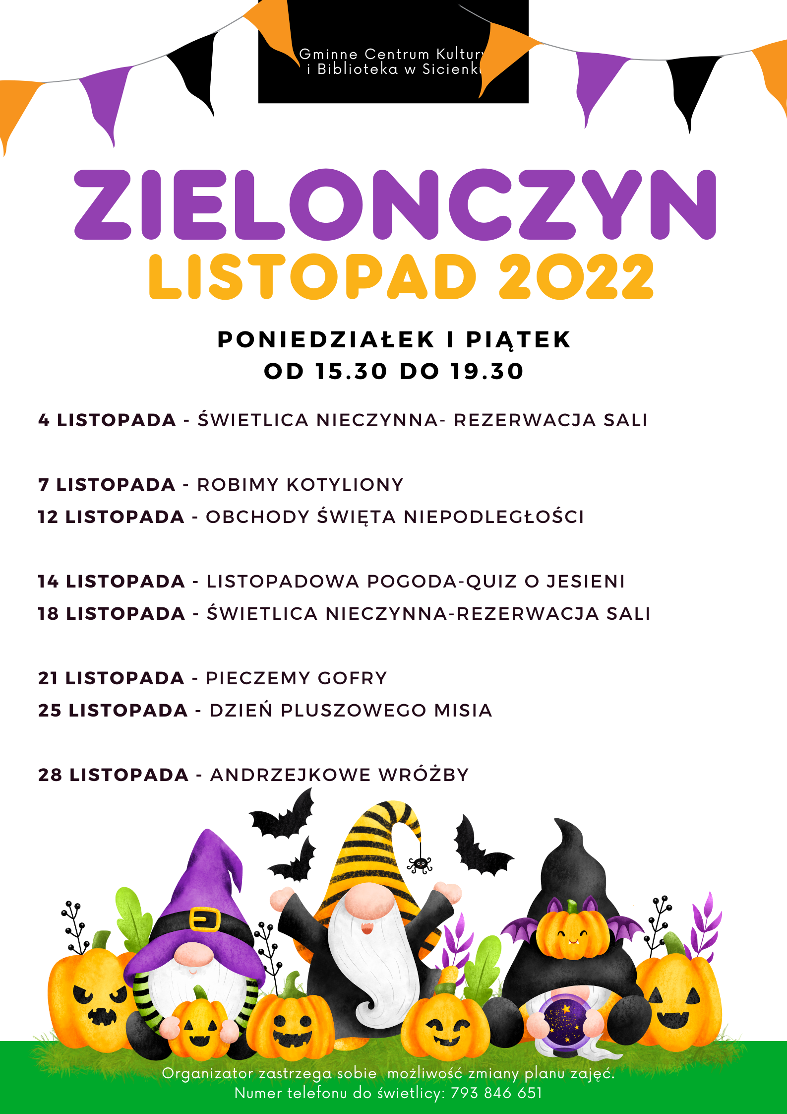 Plan pracy listopad 2022- świetlica wiejska w Zielonczynie.
