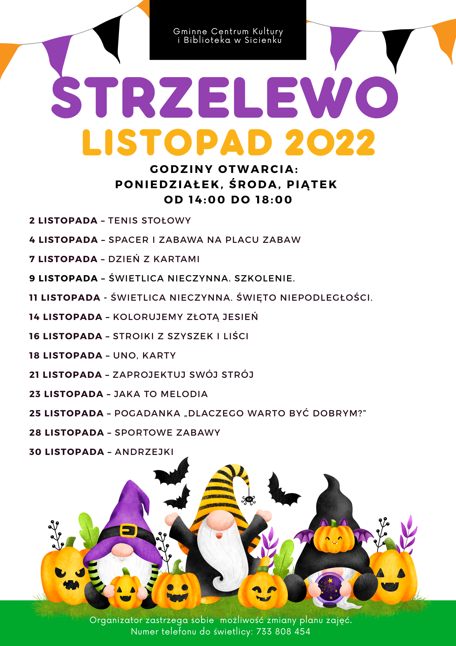 Plan pracy listopad 2022- świetlica wiejska w Strzelewie.