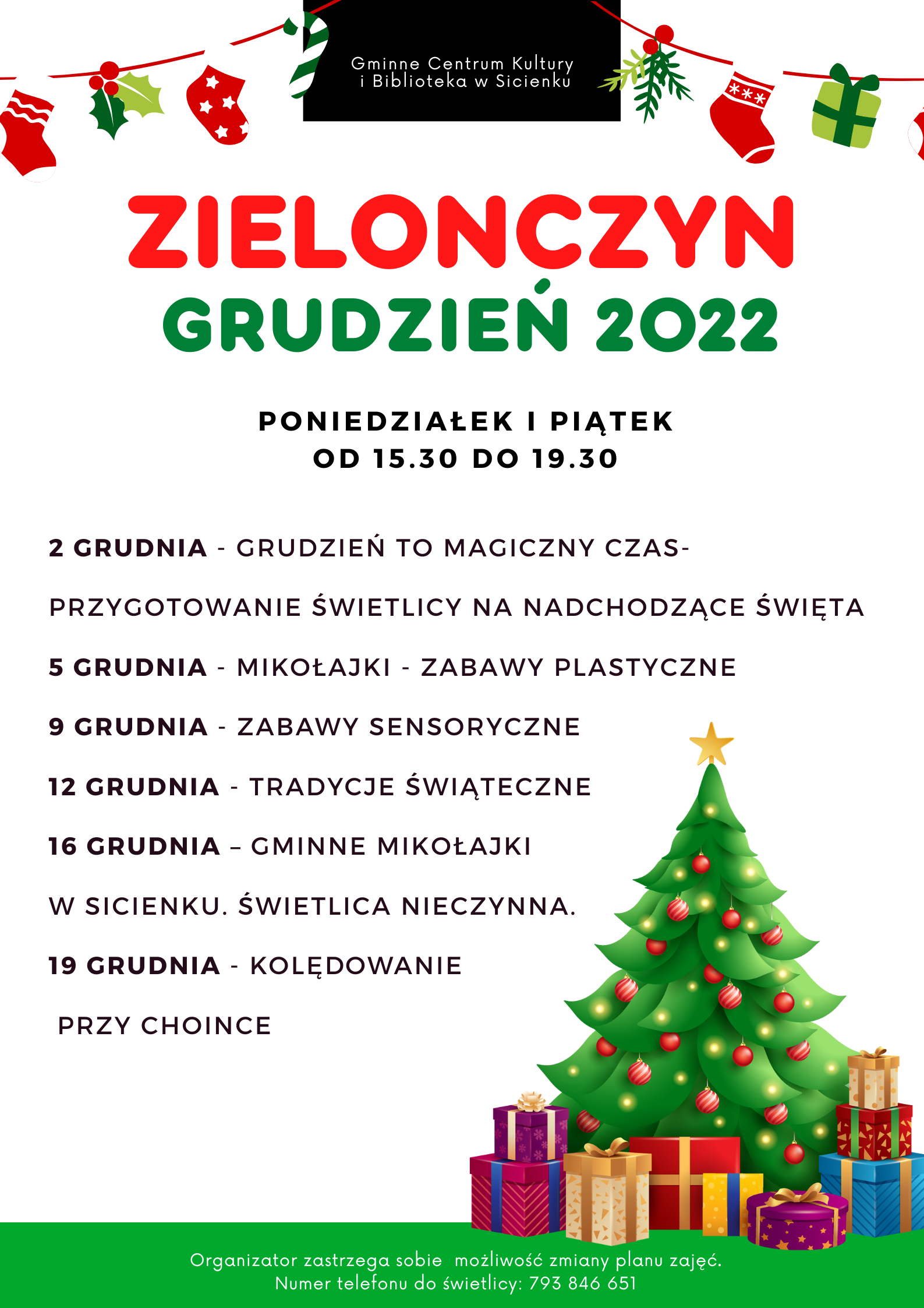 Plan pracy - grudzień 2022 Zielonczyn
