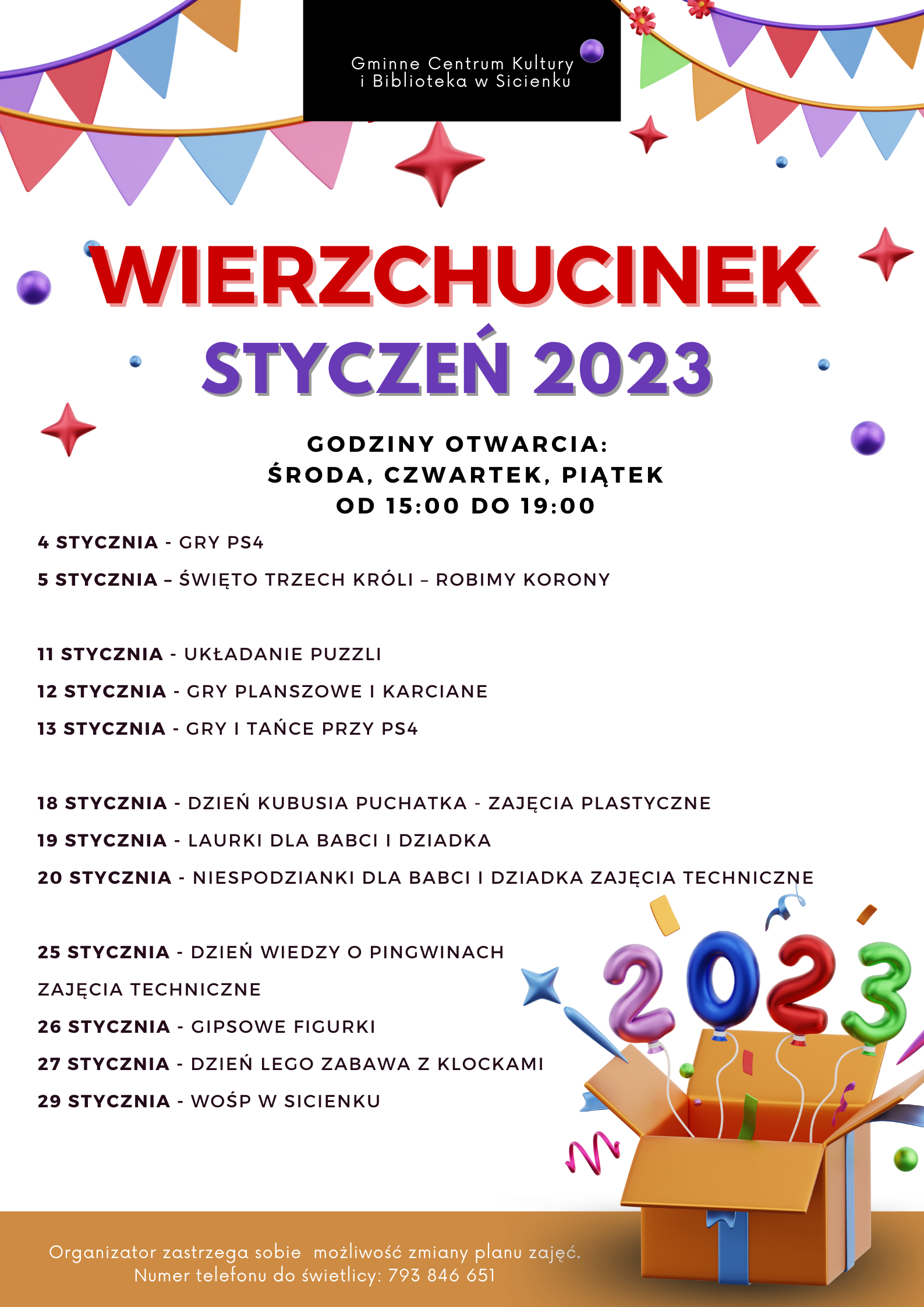 Plan pracy - styczeń 2023 Wierzchucinek