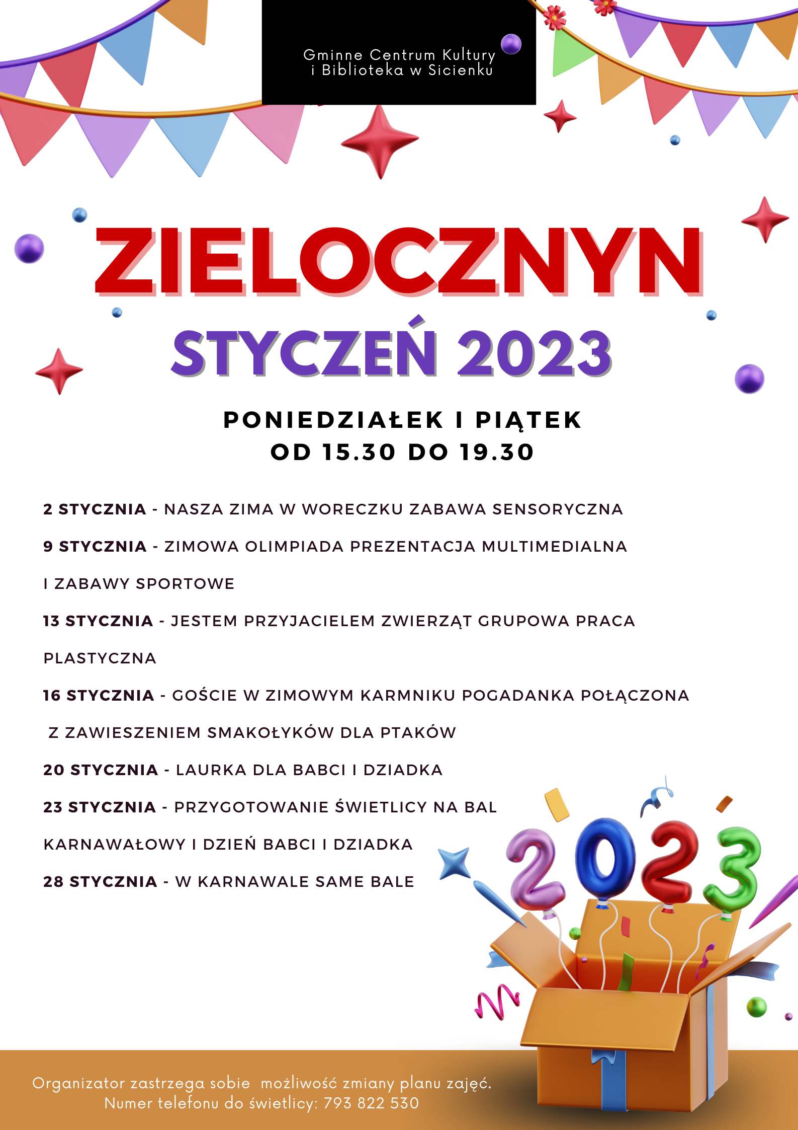 Plan pracy - styczeń 2023 Zielonczyn