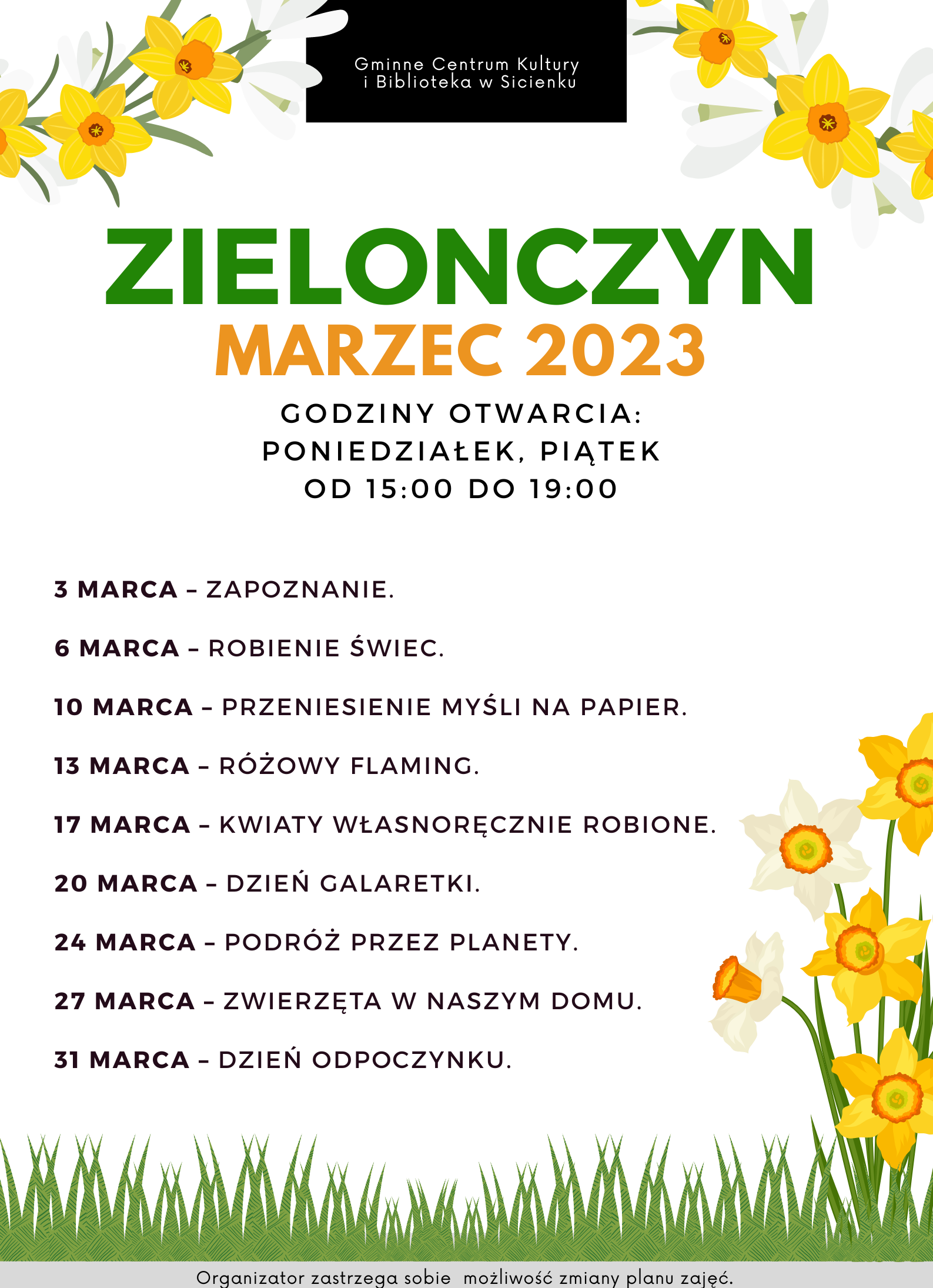 Plan pracy - marzec 2023 Zielonczyn