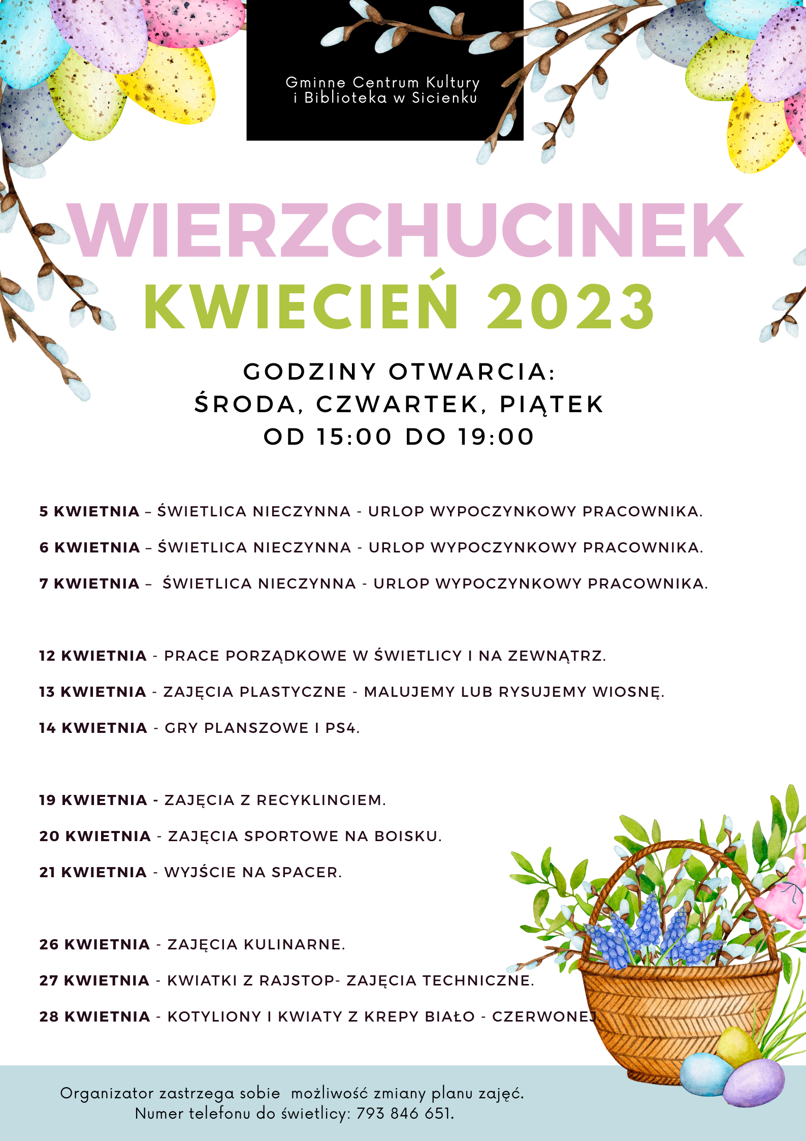 Plan pracy - kwiecień 2023 Wierzchucinek
