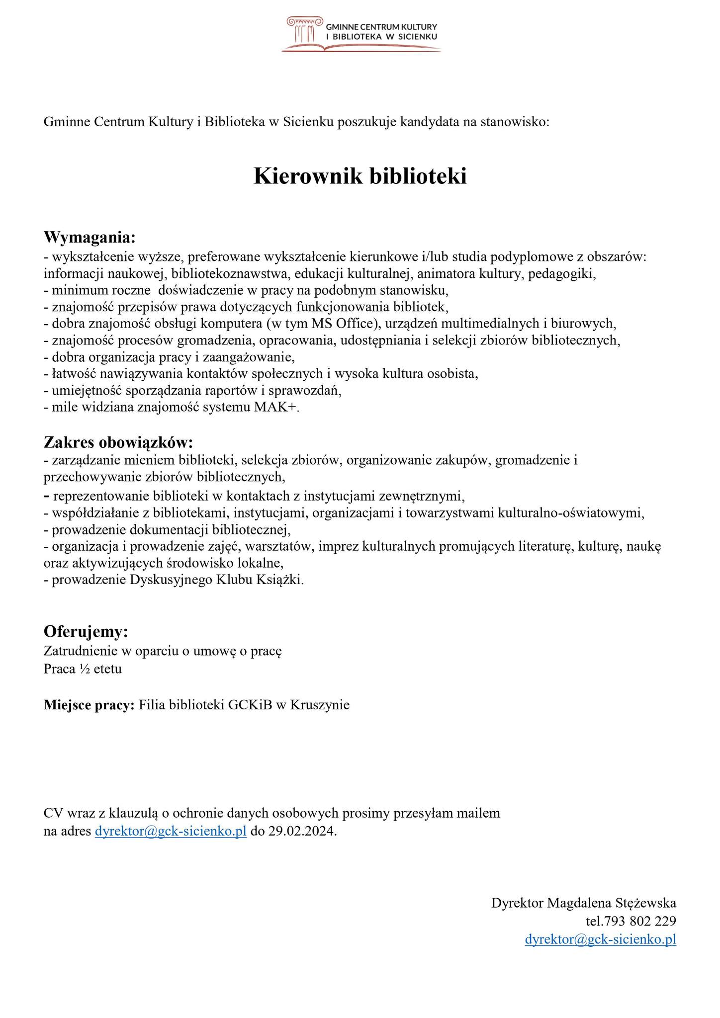 Oferta pracy - Kierownik biblioteki