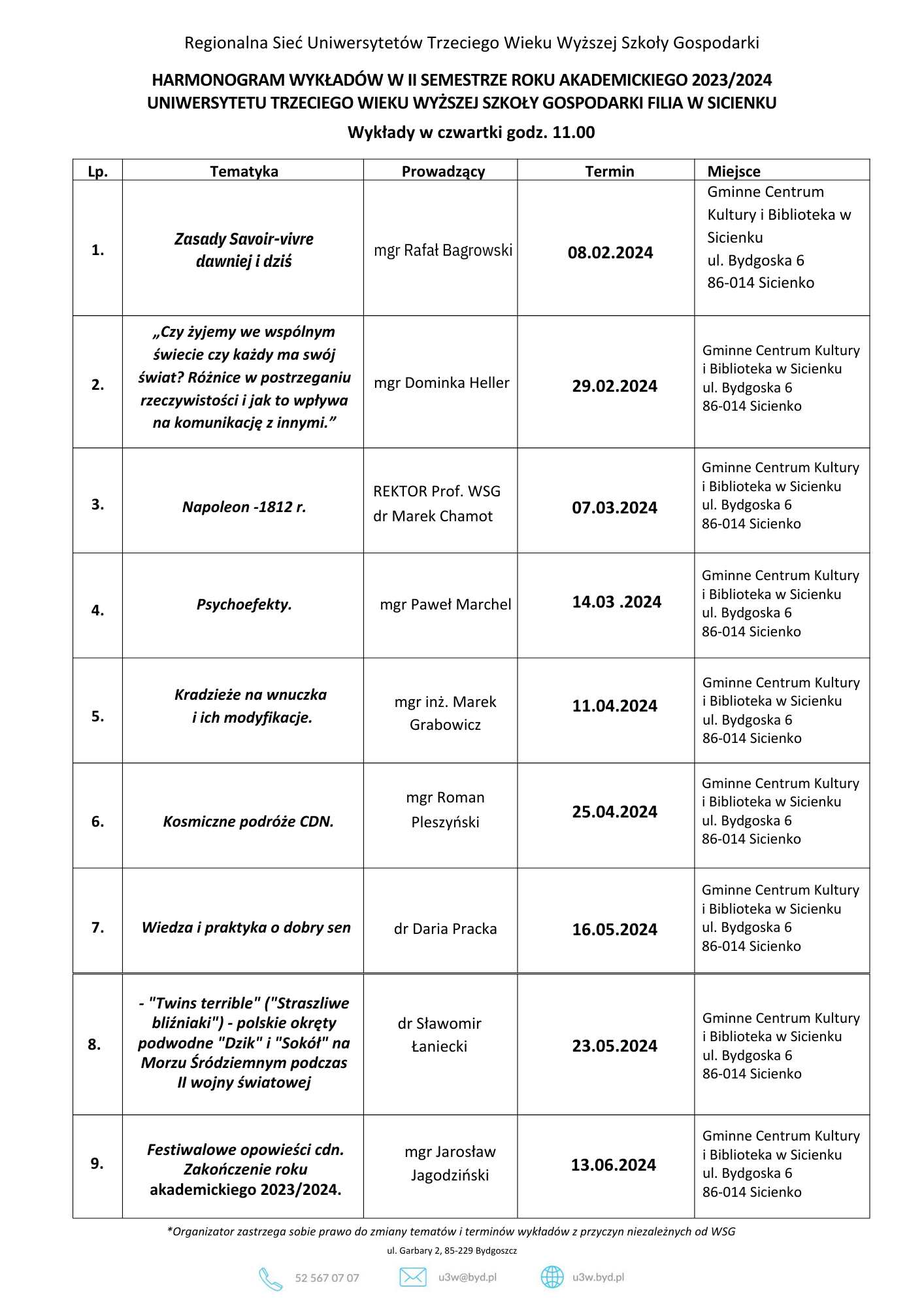 Harmonogram wykładów