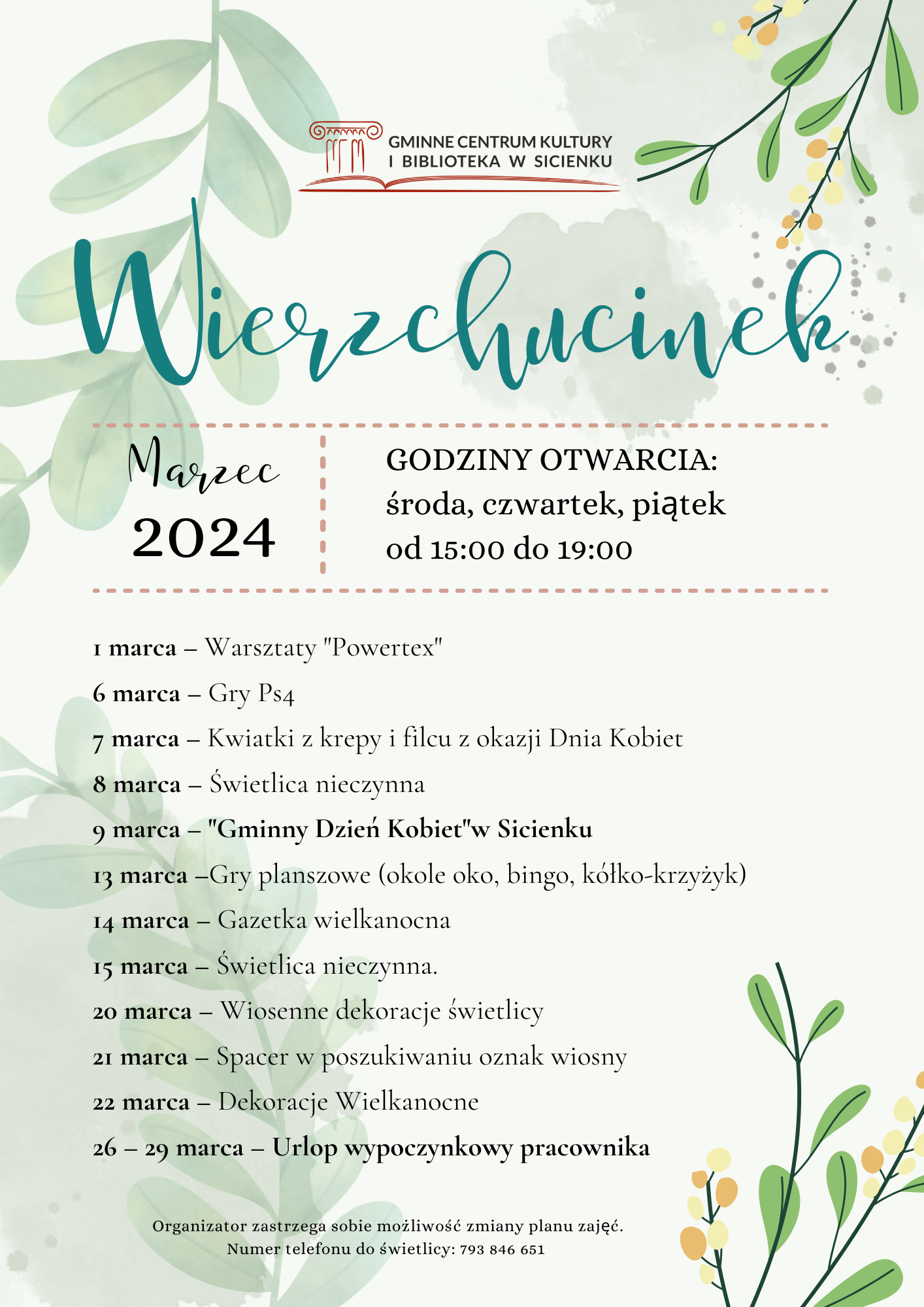 Plan pracy - marzec 2024 Wierzchucinek