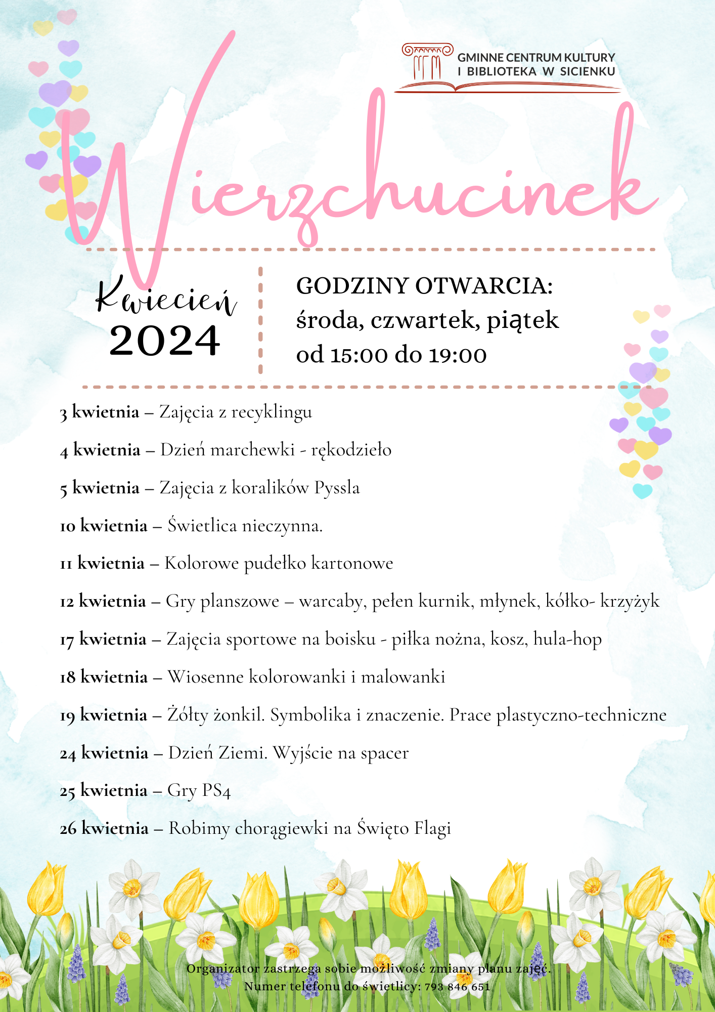 Plan zajęć - kwiecień 2024 Wierzchucinek