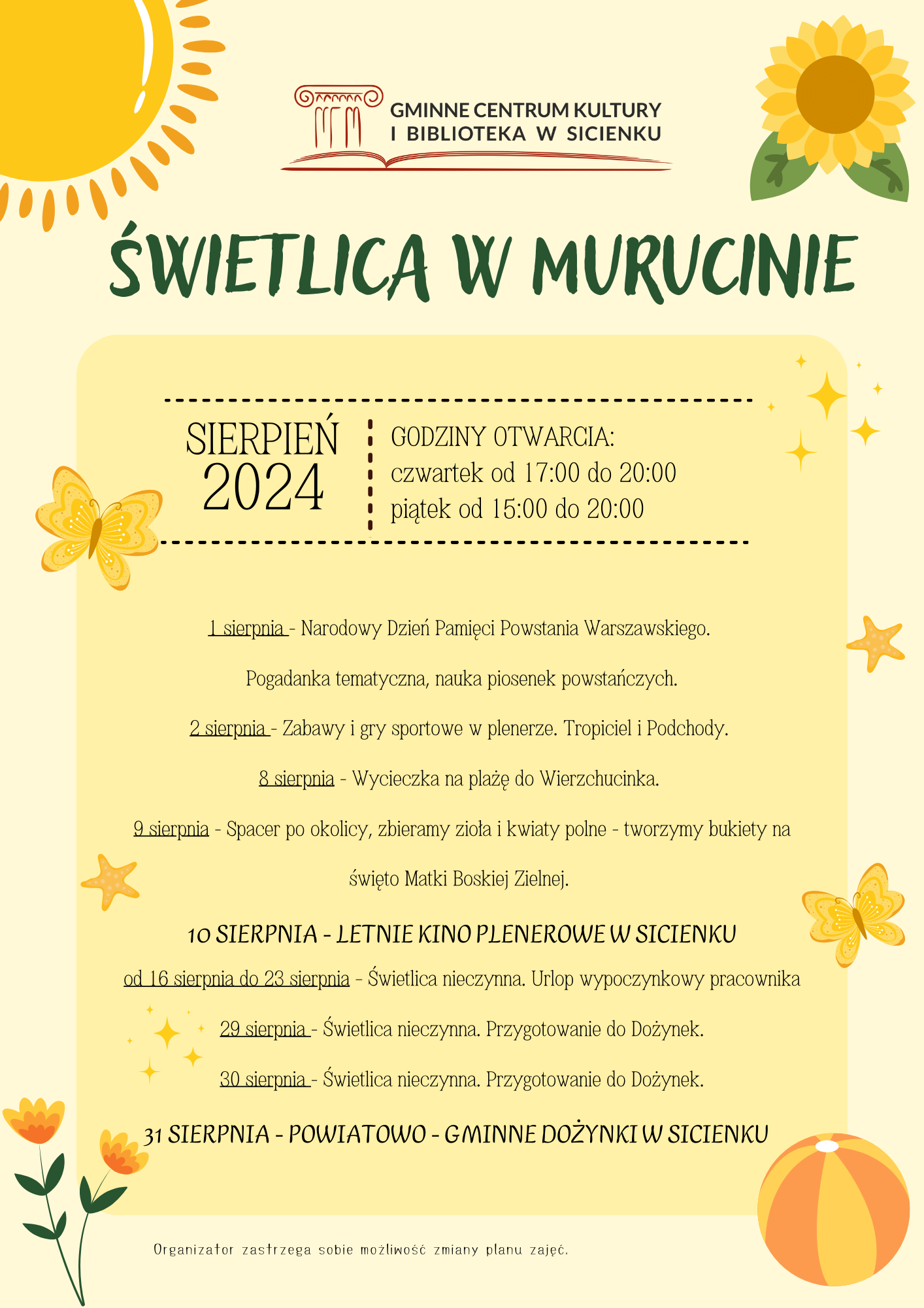 Plan zajęć - sierpień 2024 Murucin Plan zajęć - sierpień 2024 Murucin