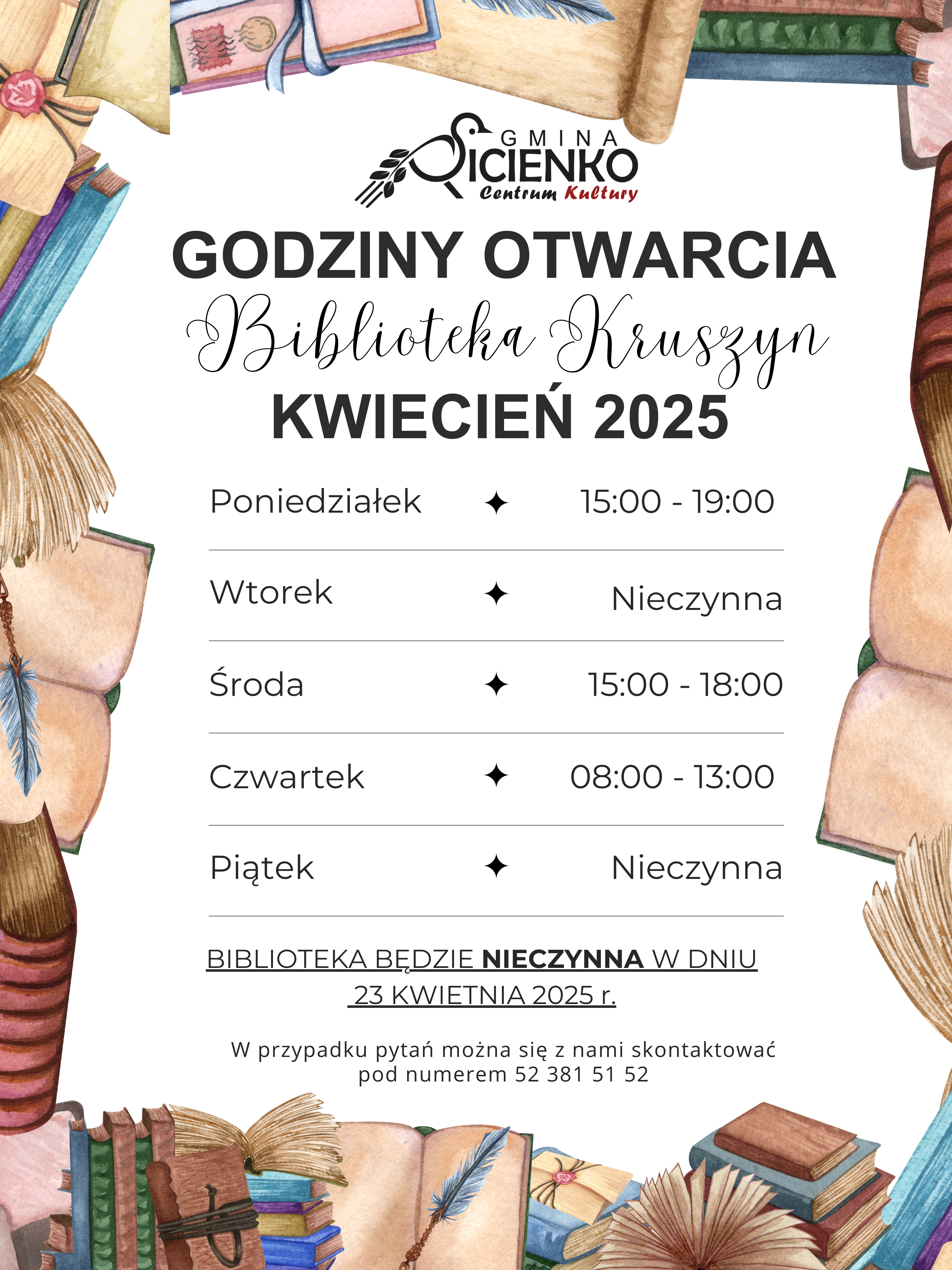 Godziny otwarcia biblioteki w Kruszynie