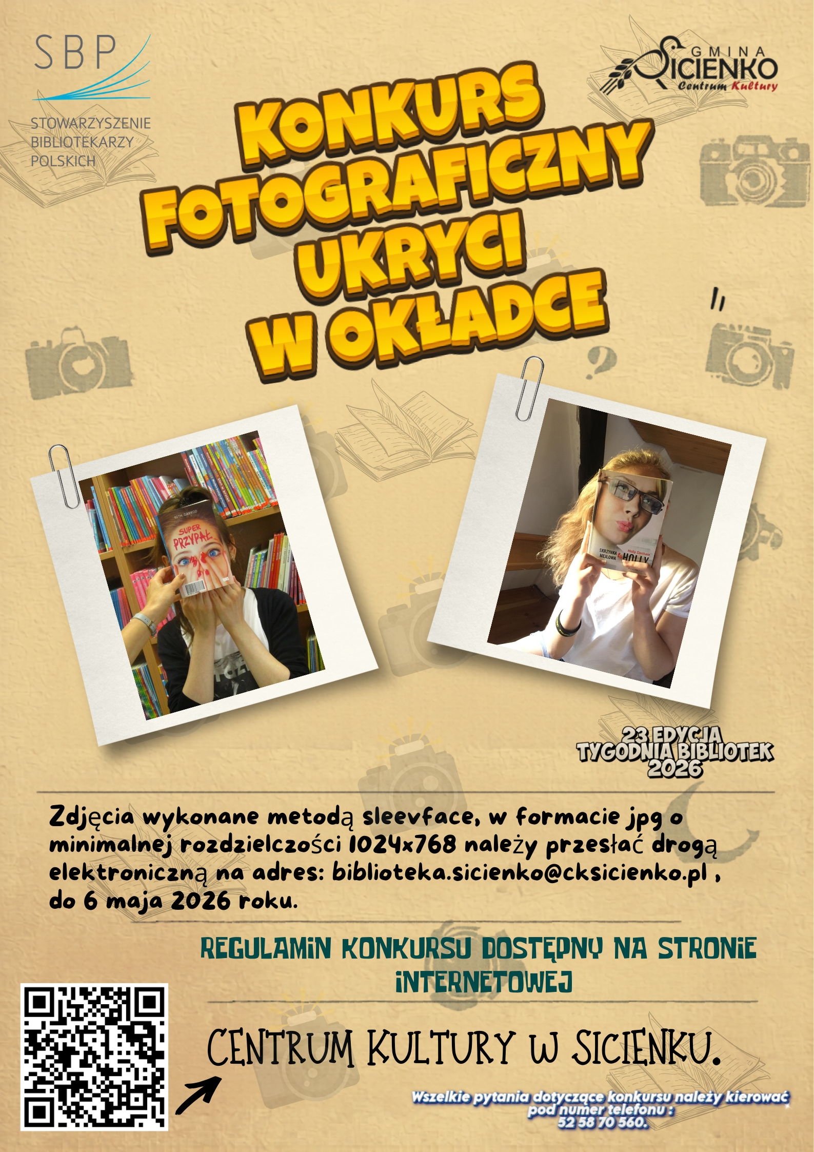 Plakat konkursu &bdquo;Konkurs fotograficzny Ukryci w okładce&rdquo;. Informacje o zgłoszeniach do 6 maja 2026, przykład zdjęć typu sleeveface oraz organizator: Centrum Kultury w Sicienku.